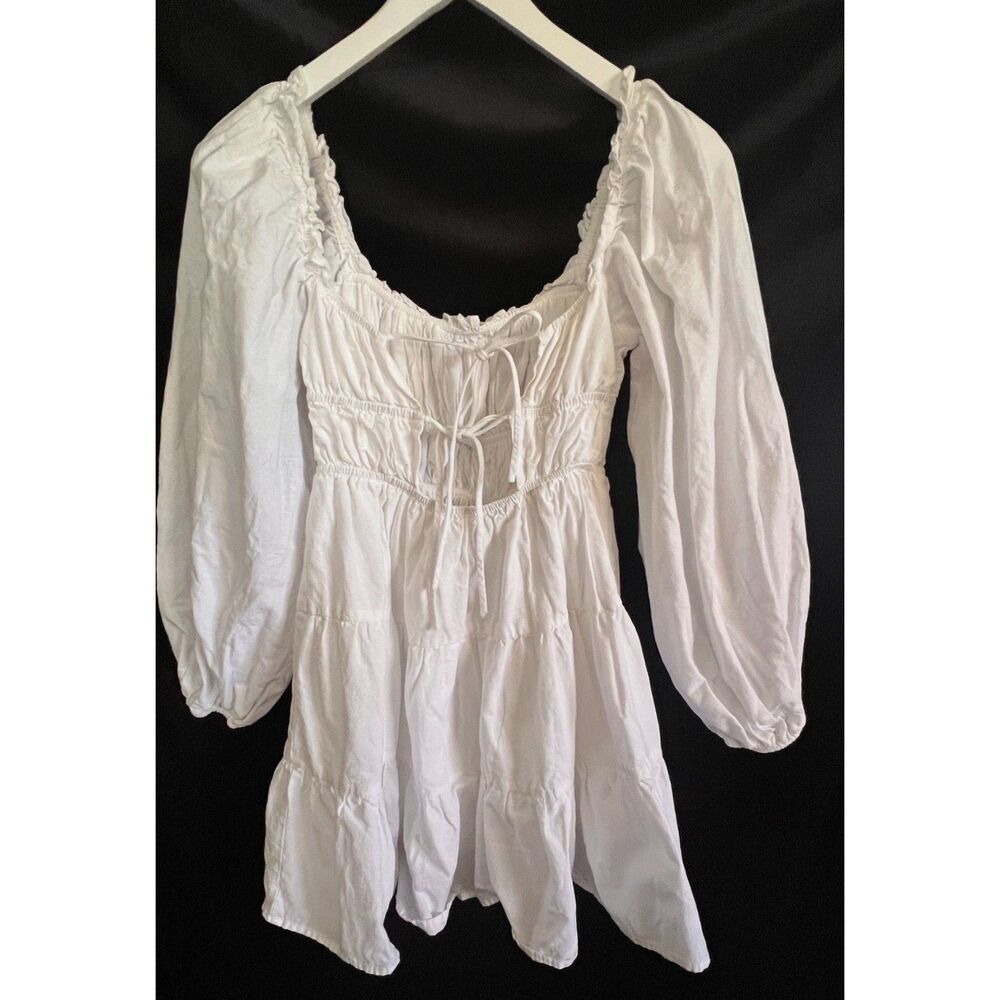 Princess Polly White Tiered Mini Dress Balloon Sleeve Size 2 - Picture 2 of 7